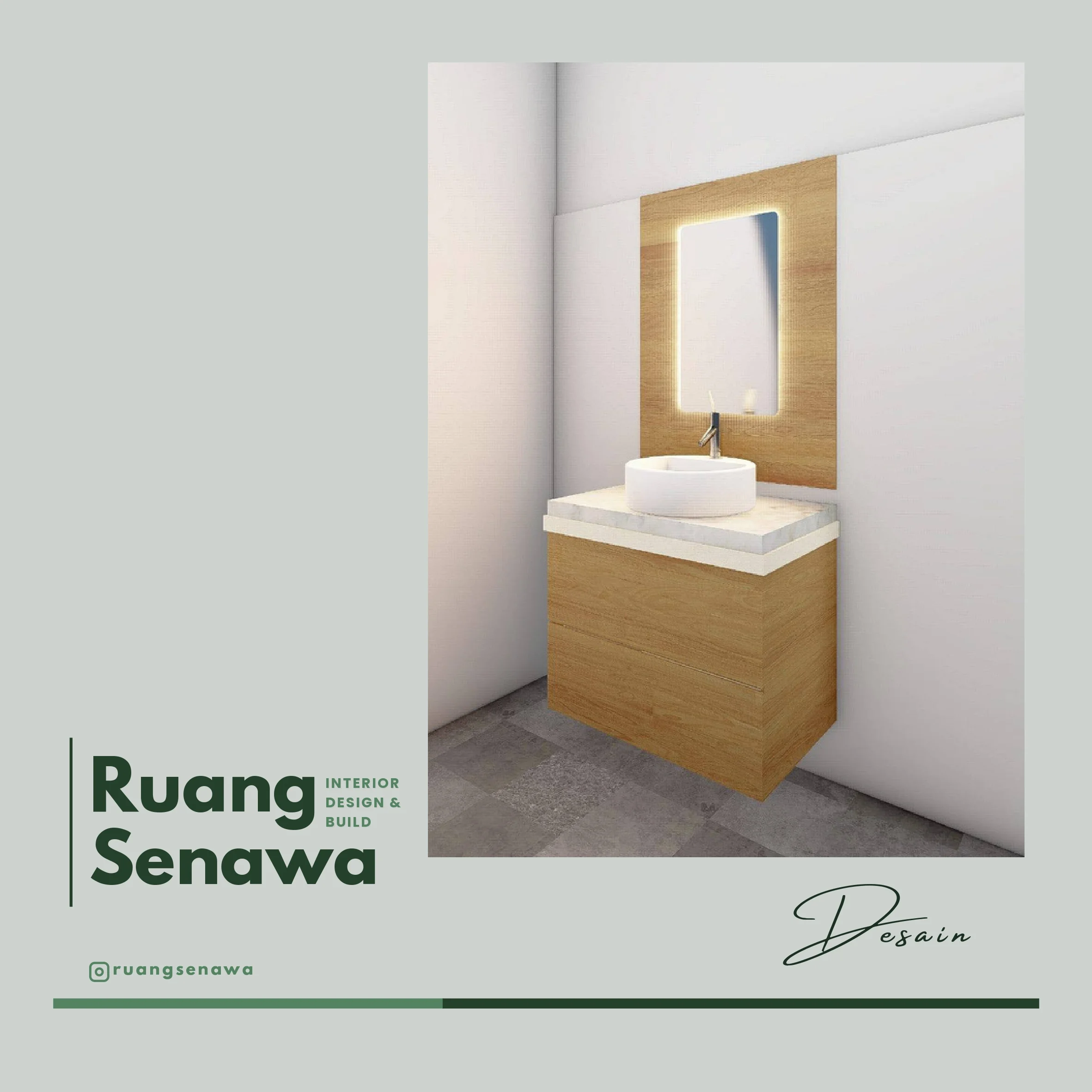 3D Concept: Hanging Wooden Vanity Sink — Meja wastafel gantung kayu dengan cermin lampu LED melingkar Kota Render 3D Palu Ruang Senawa